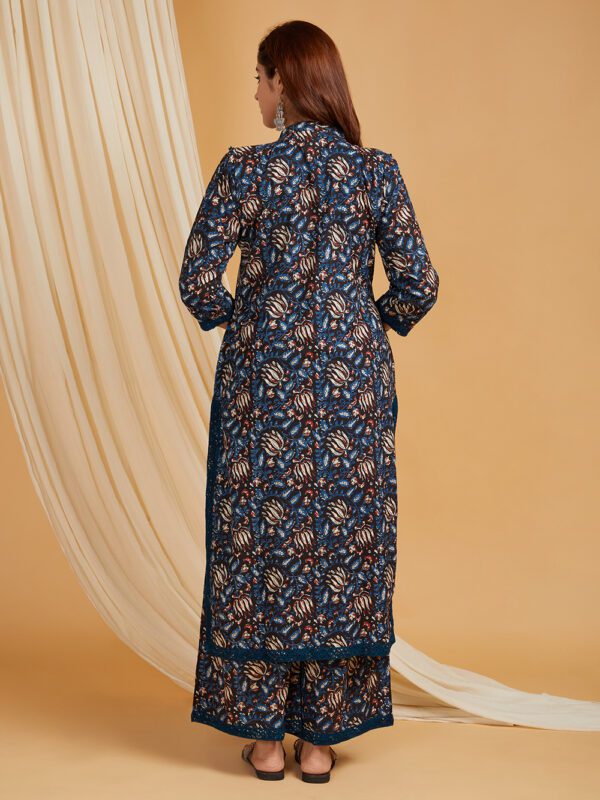 Black Hand Block Printed Cotton Straight Kurta with Palazzo Set of 2 - Image 3