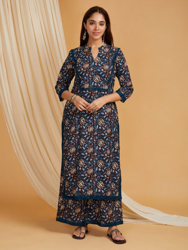 Black Hand Block Printed Cotton Straight Kurta with Palazzo Set of 2