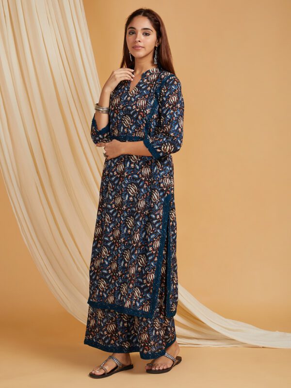 Black Hand Block Printed Cotton Straight Kurta with Palazzo Set of 2 - Image 5