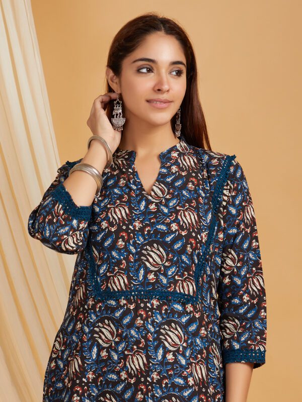 Black Hand Block Printed Cotton Straight Kurta with Palazzo Set of 2 - Image 6