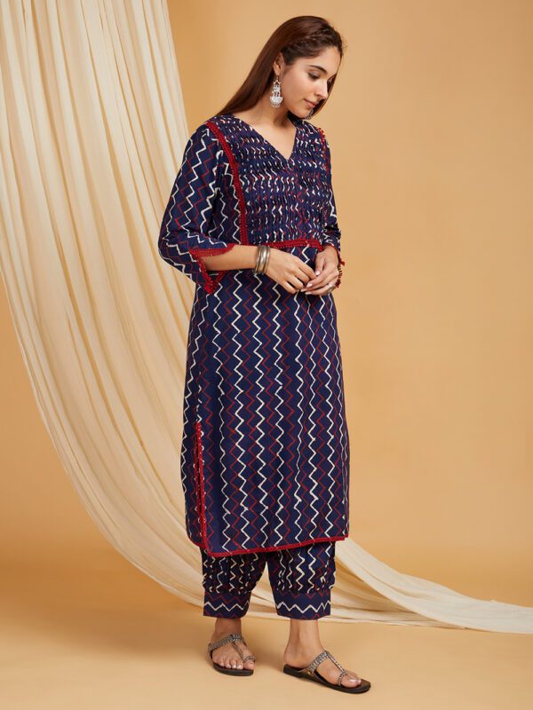 Indigo Dabu Hand Block Printed Cotton Short Kurta with Pants Set of 2 - Image 4