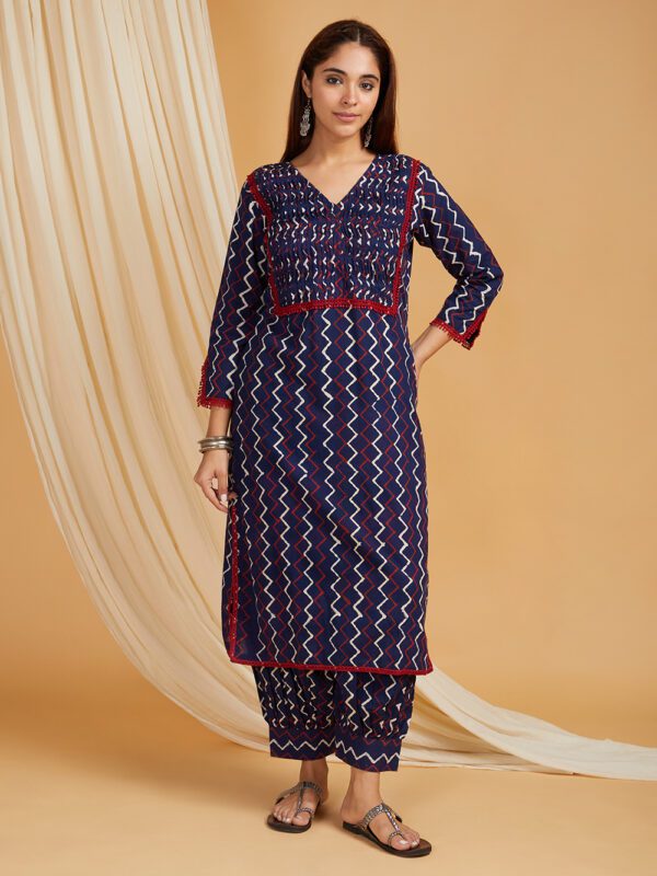 Indigo Dabu Hand Block Printed Cotton Short Kurta with Pants Set of 2
