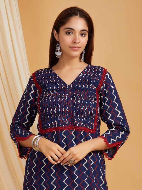 Indigo Dabu Hand Block Printed Cotton Short Kurta with Pants Set of 2 - Image 6