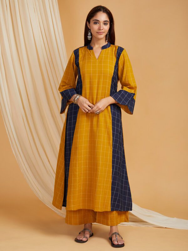Mustard -Navy Cotton A-Line Kurta with Palazzo Set of 2 - Image 3