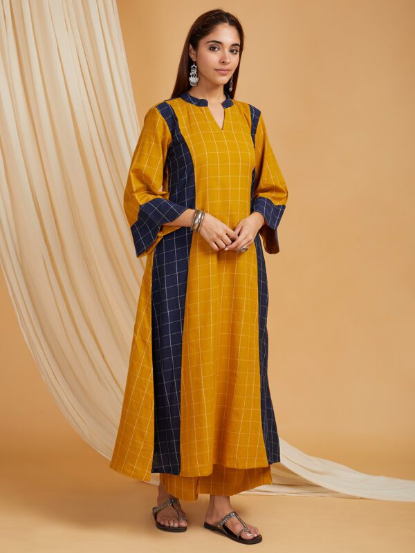 Mustard -Navy Cotton A-Line Kurta with Palazzo Set of 2