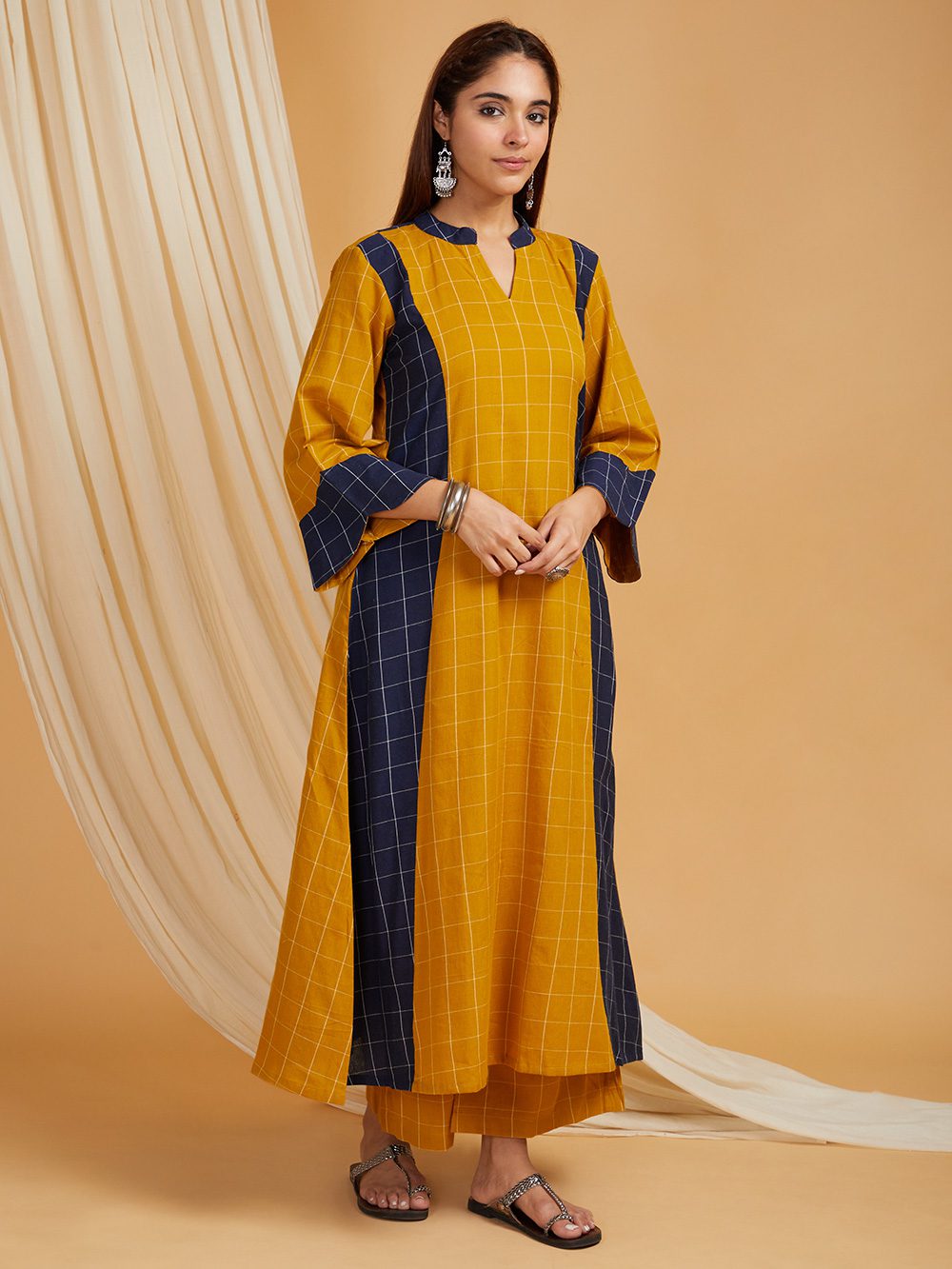 Mustard -Navy Cotton A-Line Kurta with Palazzo Set of 2