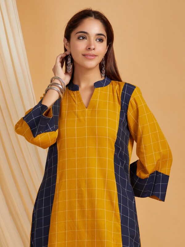 Mustard -Navy Cotton A-Line Kurta with Palazzo Set of 2 - Image 5