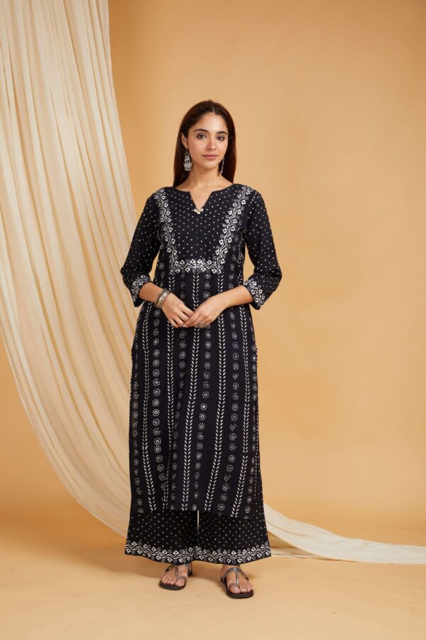 Hand Block Printed Cotton Straight Kurta with Side pockets and Palazzo Set of 2 - Image 2