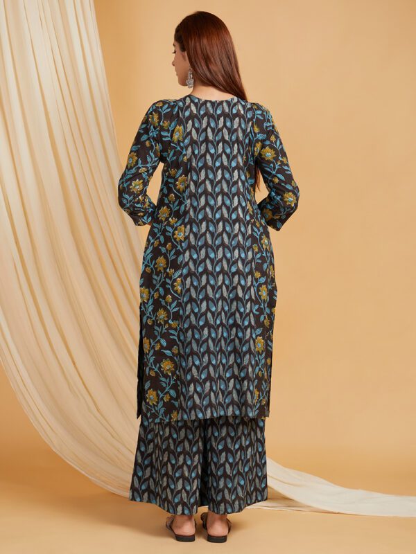 Black Hand Block Printed Vanaspati Ajrakh Cotton Panel Kurta with Palazzo Set of 2 - Image 3
