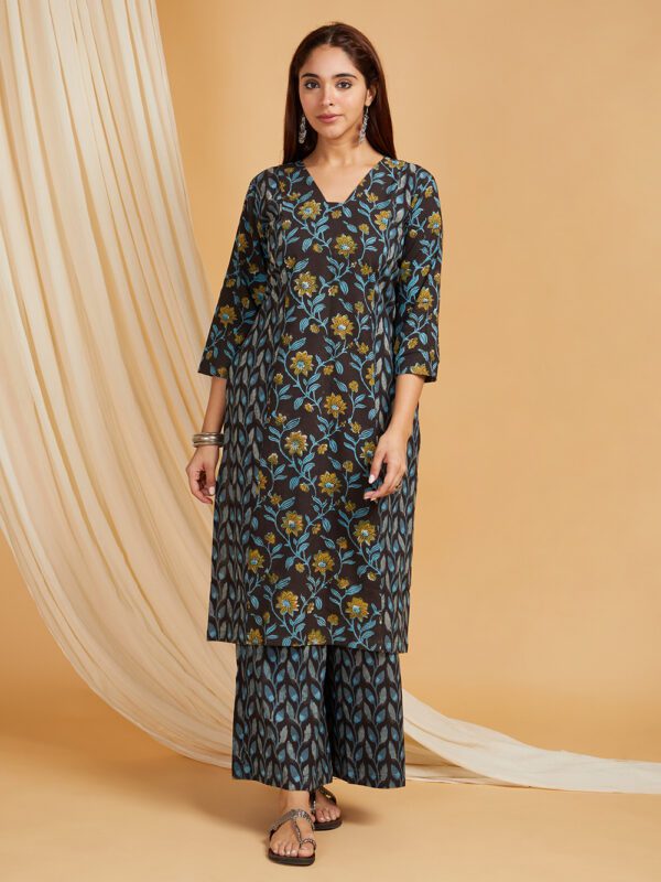 Black Hand Block Printed Vanaspati Ajrakh Cotton Panel Kurta with Palazzo Set of 2 - Image 4