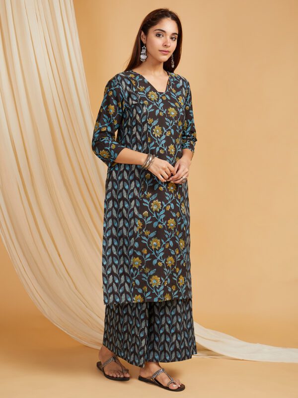 Black Hand Block Printed Vanaspati Ajrakh Cotton Panel Kurta with Palazzo Set of 2