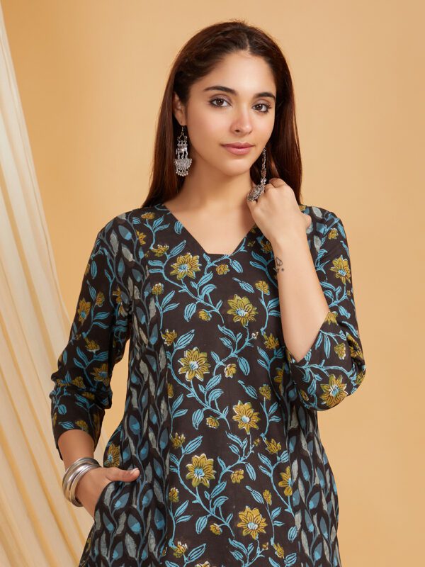 Black Hand Block Printed Vanaspati Ajrakh Cotton Panel Kurta with Palazzo Set of 2 - Image 6