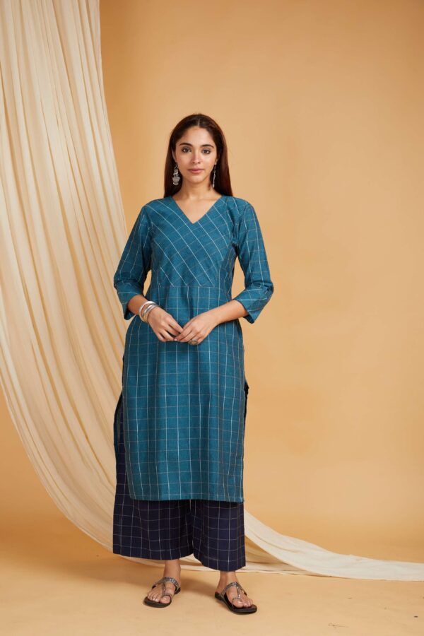 Teal Cotton Straight Kurta with Navy Palazzo Set of 2 - Image 7