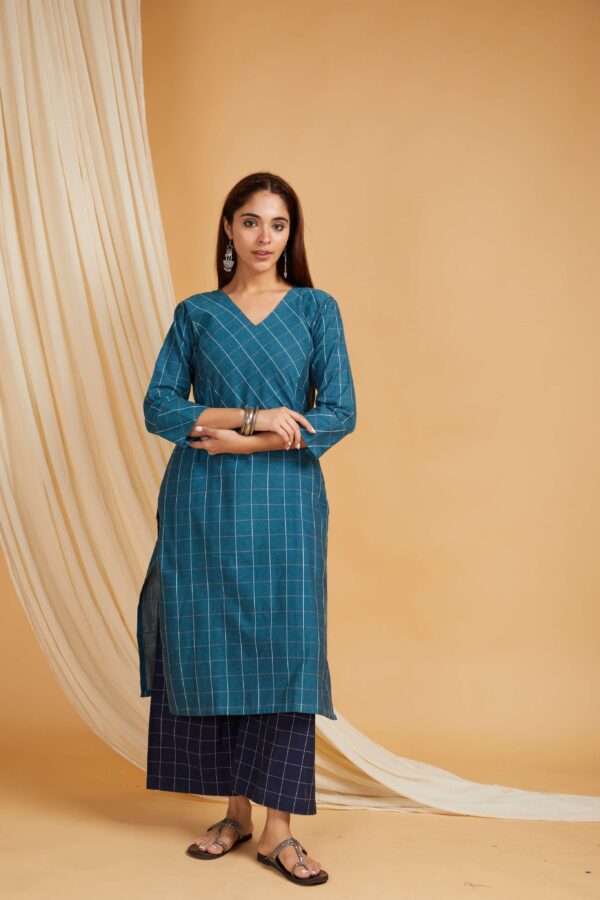 Teal Cotton Straight Kurta with Navy Palazzo Set of 2
