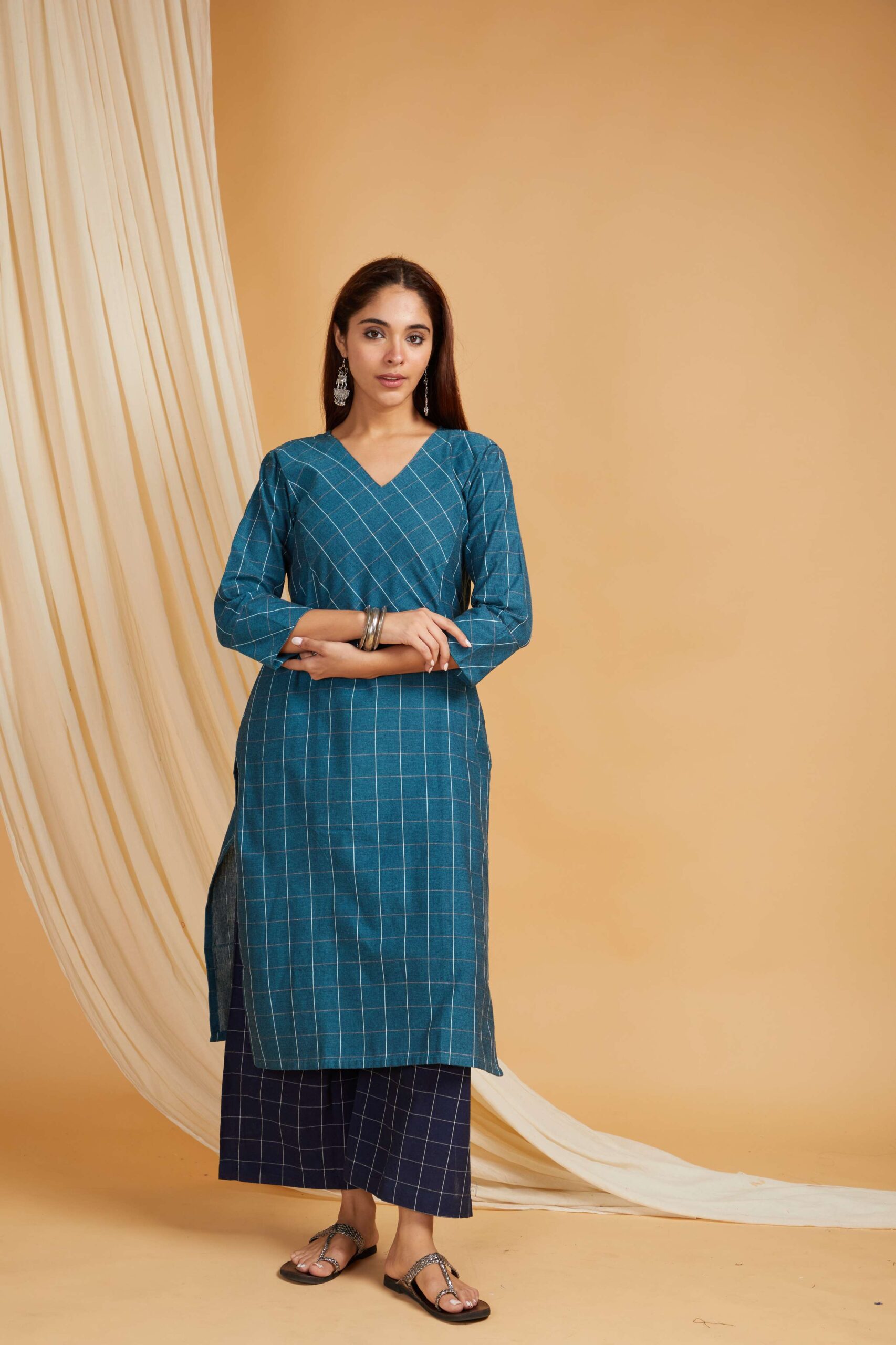 Teal Cotton Straight Kurta with Navy Palazzo Set of 2