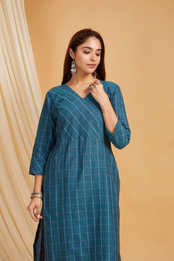 Teal Cotton Straight Kurta with Navy Palazzo Set of 2 - Image 9