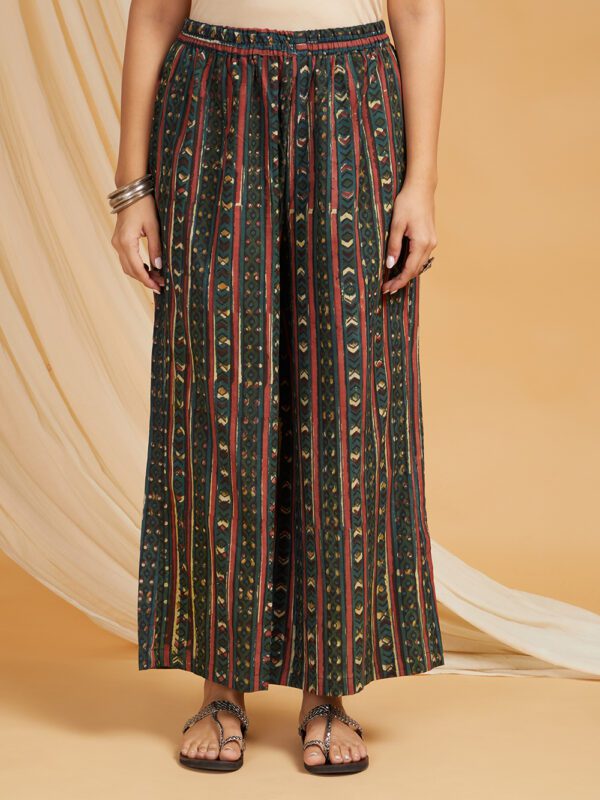 Dark Green Hand Block Printed Cotton Panel Kurta with Palazzo Set of 2 - Image 2