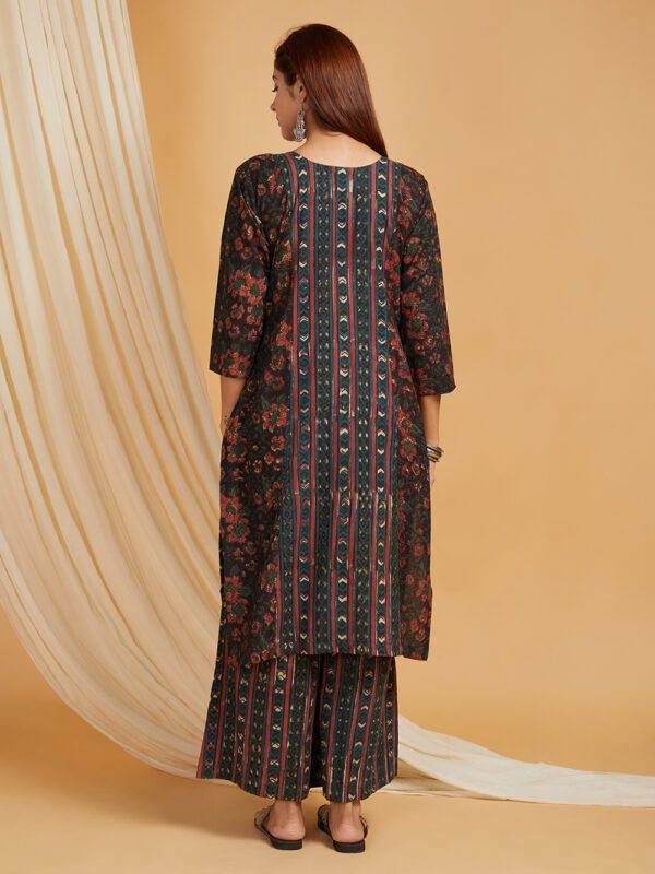 Dark Green Hand Block Printed Cotton Panel Kurta with Palazzo Set of 2 - Image 3