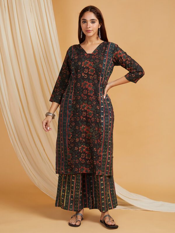 Dark Green Hand Block Printed Cotton Panel Kurta with Palazzo Set of 2