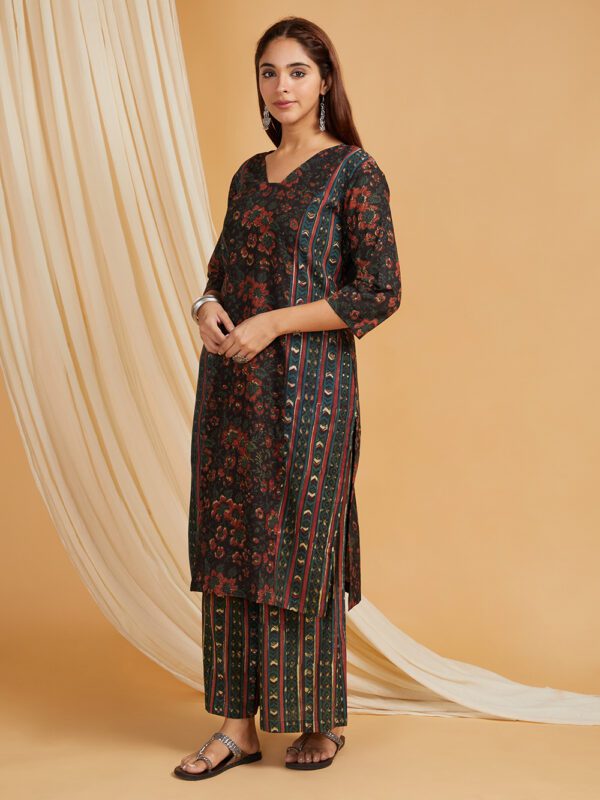 Dark Green Hand Block Printed Cotton Panel Kurta with Palazzo Set of 2 - Image 5