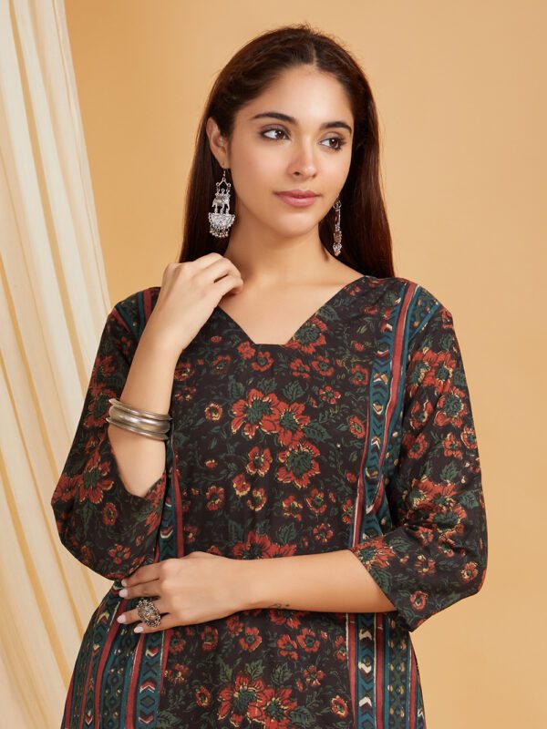 Dark Green Hand Block Printed Cotton Panel Kurta with Palazzo Set of 2 - Image 6