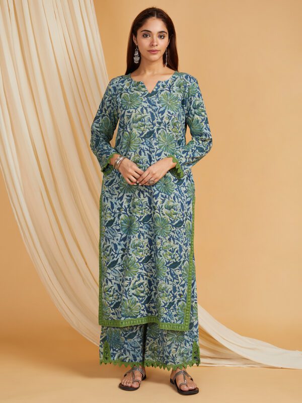 Blue Hand Block Printed Vanaspati Ajrakh Straight kurta and palazzo Set of 2