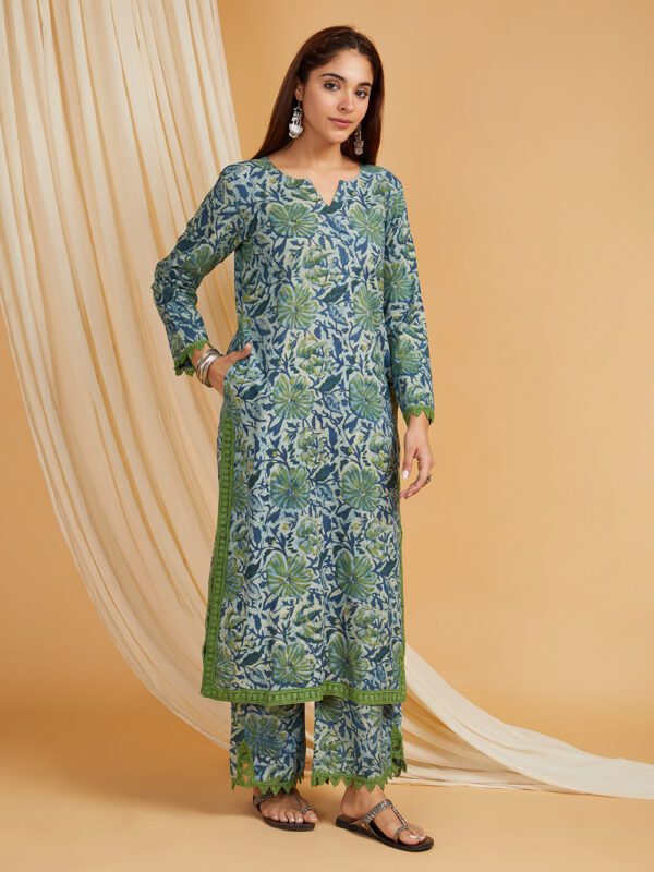 Blue Hand Block Printed Vanaspati Ajrakh Straight kurta and palazzo Set of 2 - Image 5
