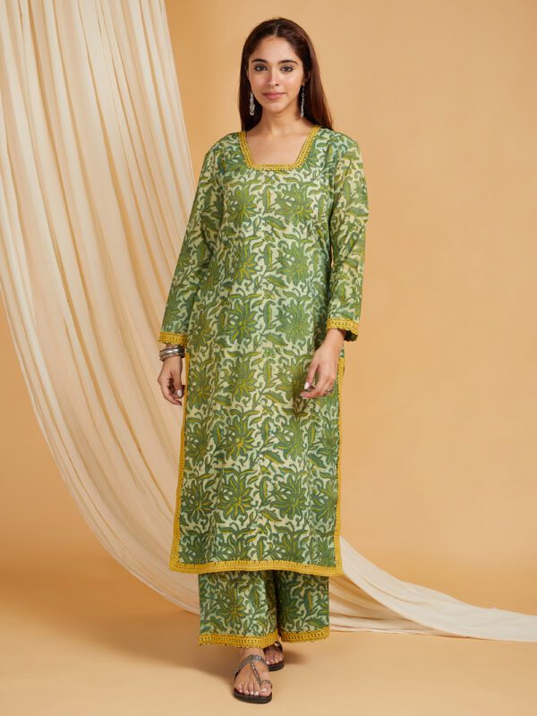 Green Hand Block Printed Vanaspati Ajrakh Straight kurta and palazzo Set of 2