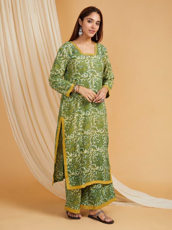 Green Hand Block Printed Vanaspati Ajrakh Straight kurta and palazzo Set of 2 - Image 5