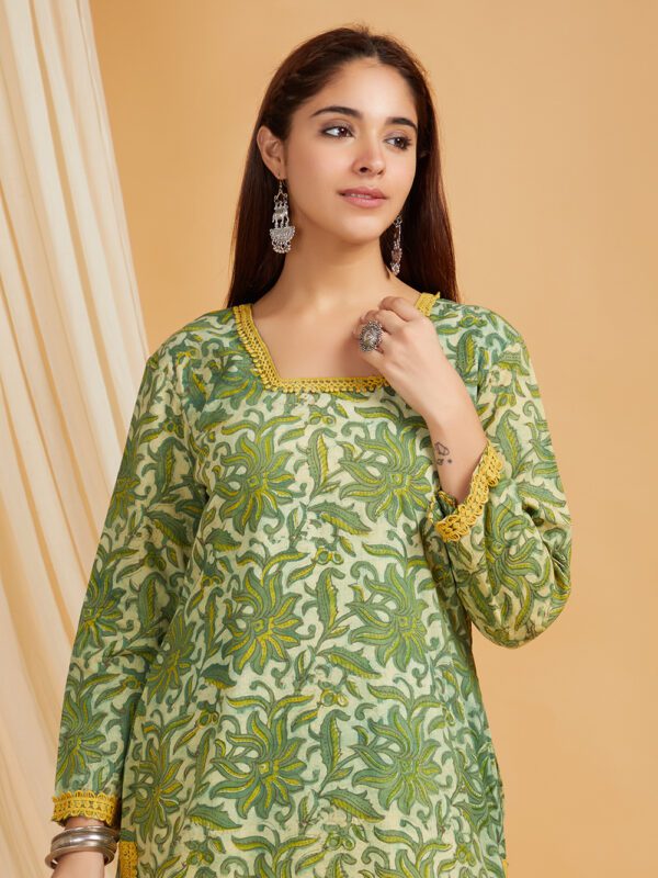 Green Hand Block Printed Vanaspati Ajrakh Straight kurta and palazzo Set of 2 - Image 6