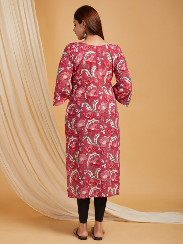 Hand Embroidered Pink Hand Block Printed Cotton Straight Kurta Set of 1 - Image 2