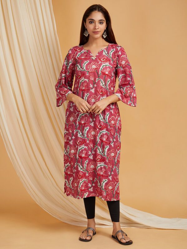 Hand Embroidered Pink Hand Block Printed Cotton Straight Kurta Set of 1