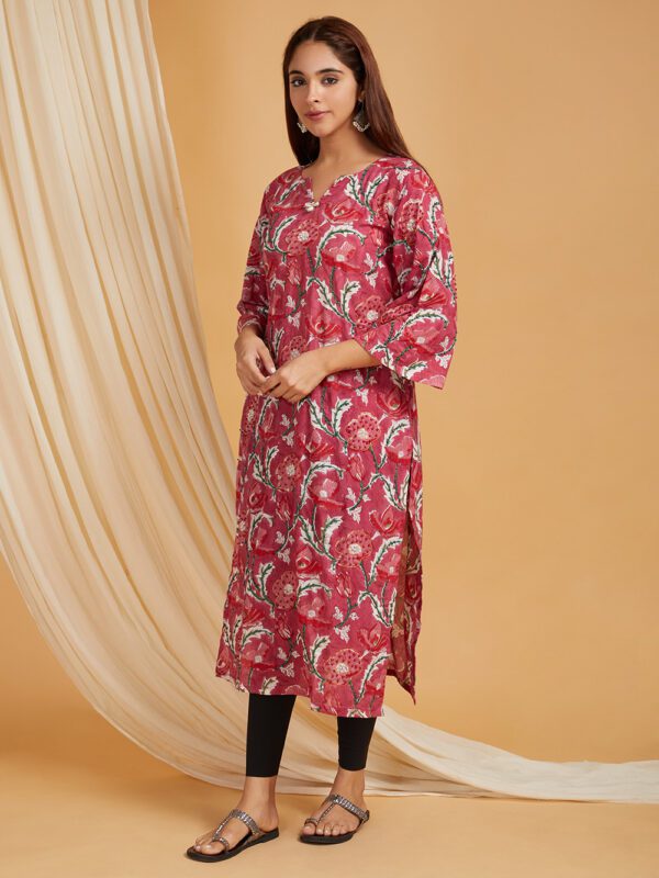 Hand Embroidered Pink Hand Block Printed Cotton Straight Kurta Set of 1 - Image 4