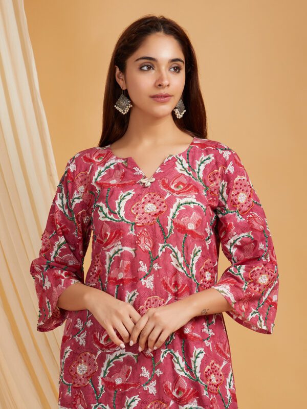 Hand Embroidered Pink Hand Block Printed Cotton Straight Kurta Set of 1 - Image 5