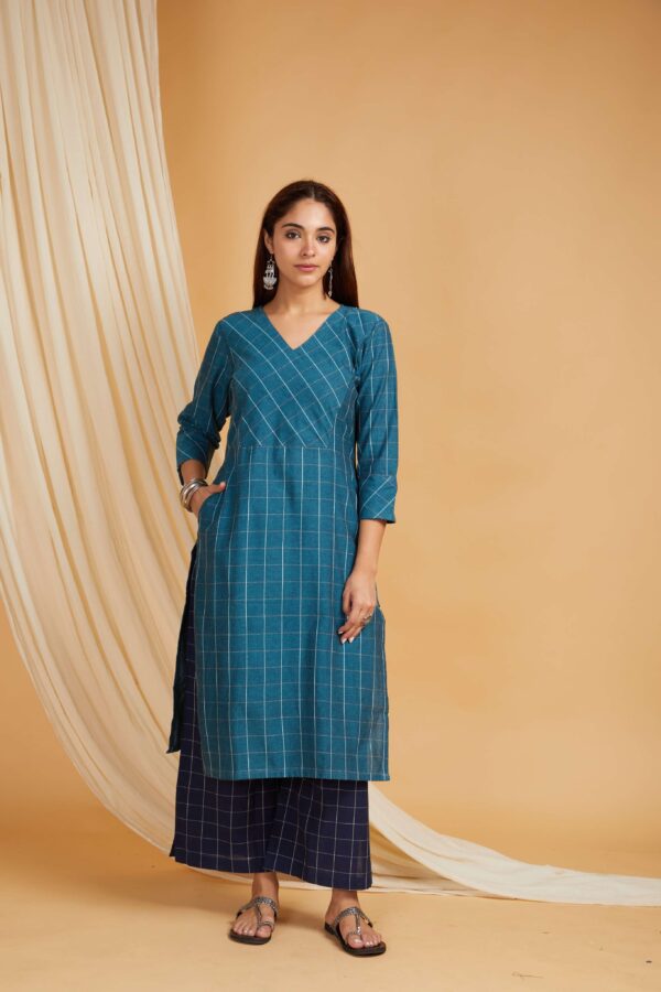 Teal Cotton Straight Kurta with Navy Palazzo Set of 2 - Image 10