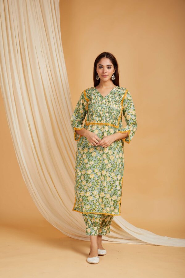Green Hand Block Printed Cotton Short Kurta with Pants Set of 2 - Image 5