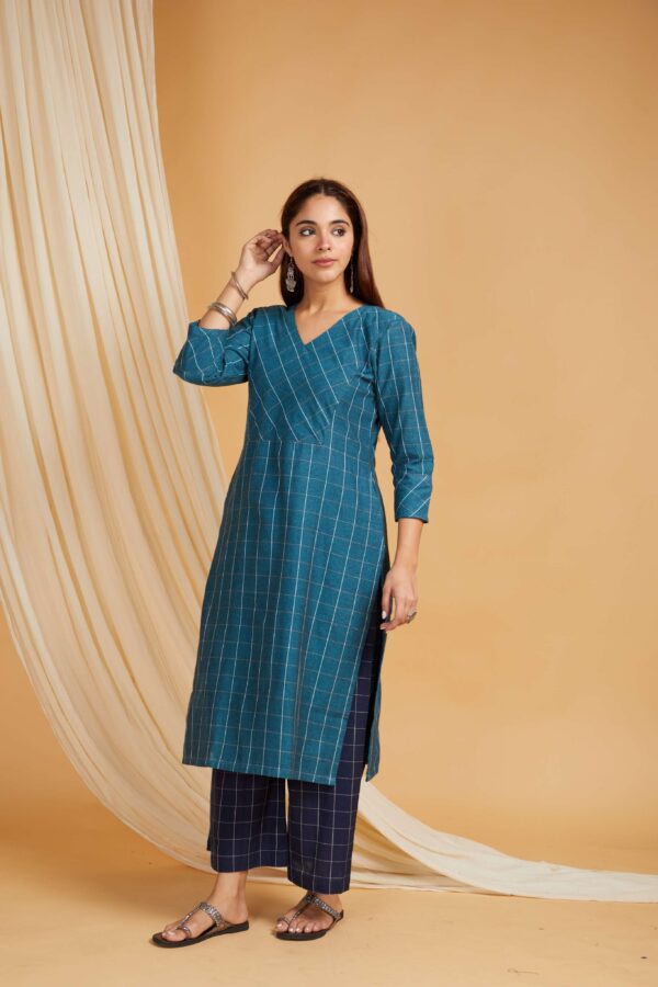 Teal Cotton Straight Kurta with Navy Palazzo Set of 2 - Image 2