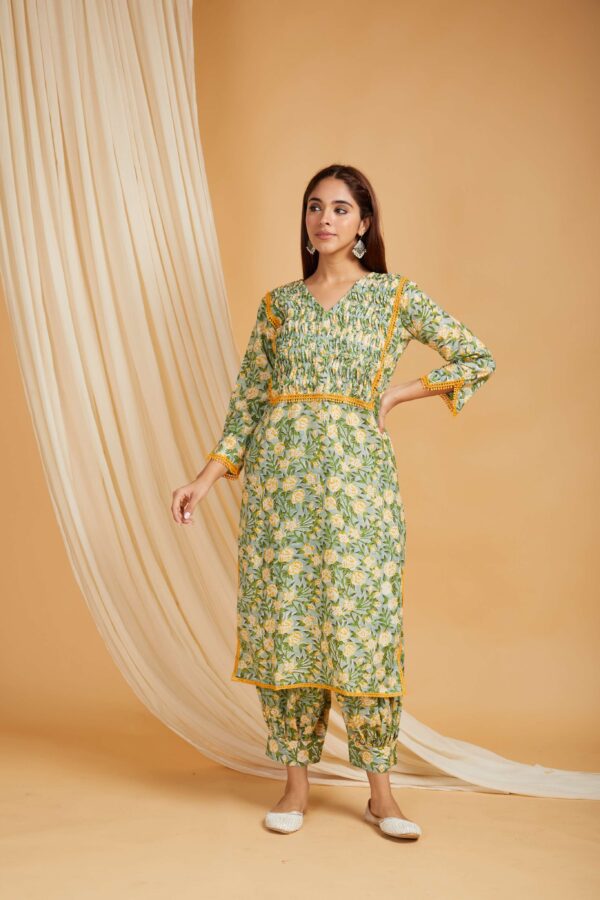 Green Hand Block Printed Cotton Short Kurta with Pants Set of 2
