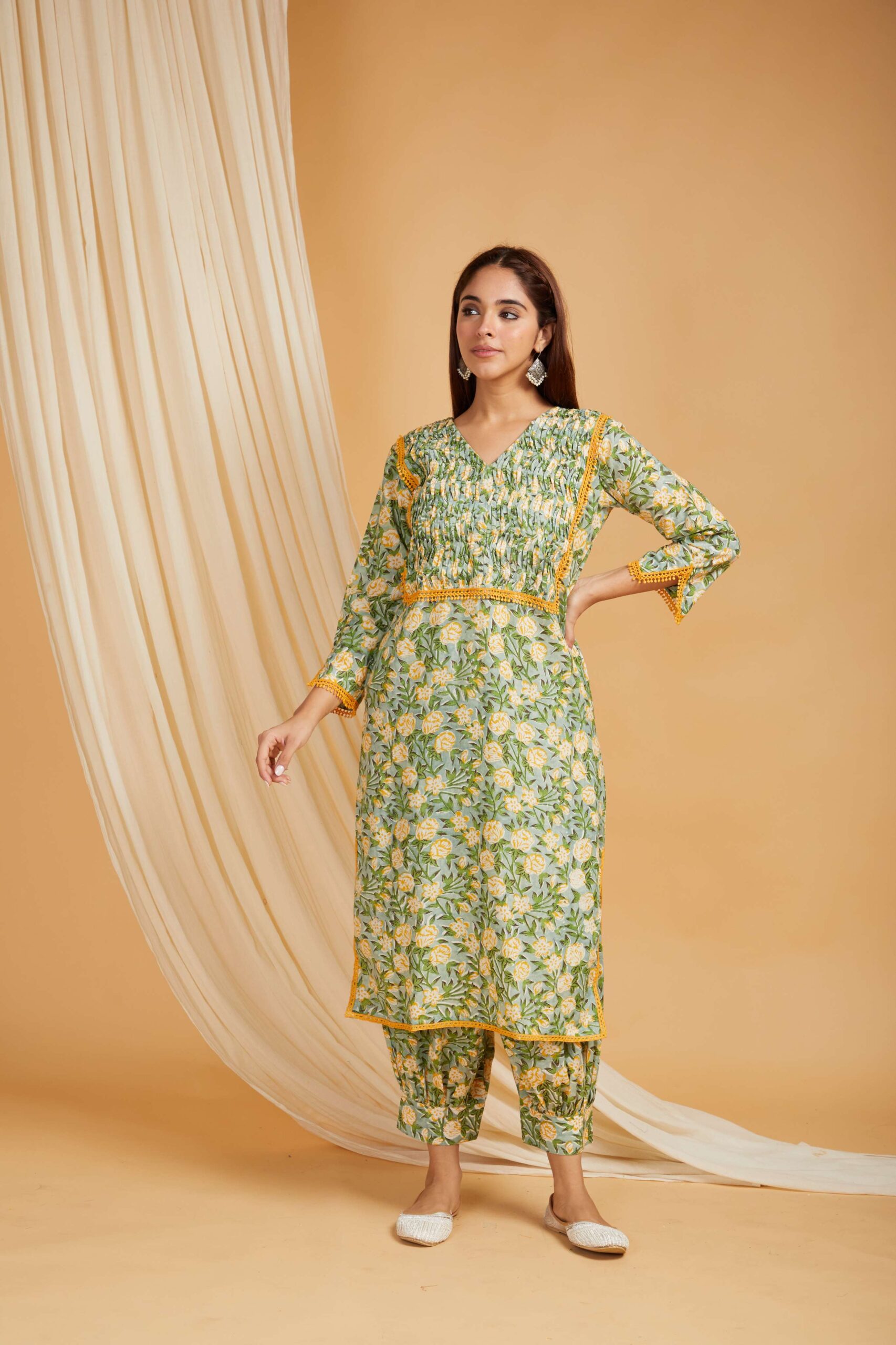 Green Hand Block Printed Cotton Short Kurta with Pants Set of 2