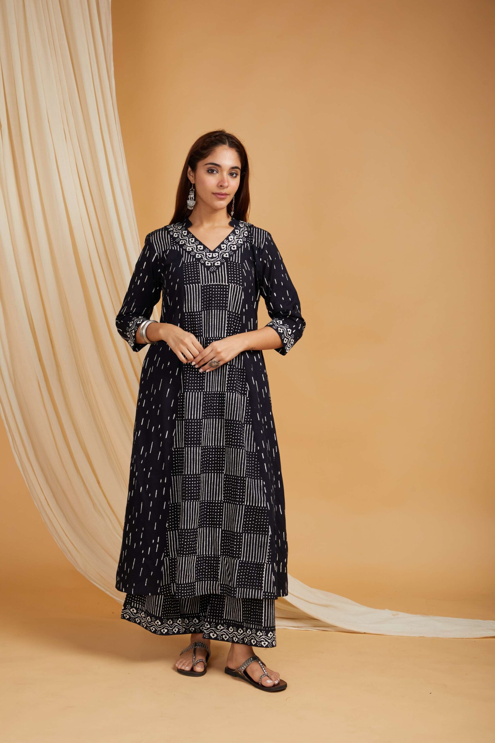 Hand Block prirnted Cotton A-Line Kurta with Palazzo Set of 2