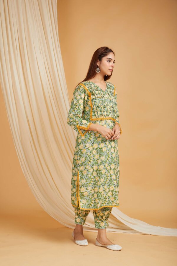 Green Hand Block Printed Cotton Short Kurta with Pants Set of 2 - Image 7