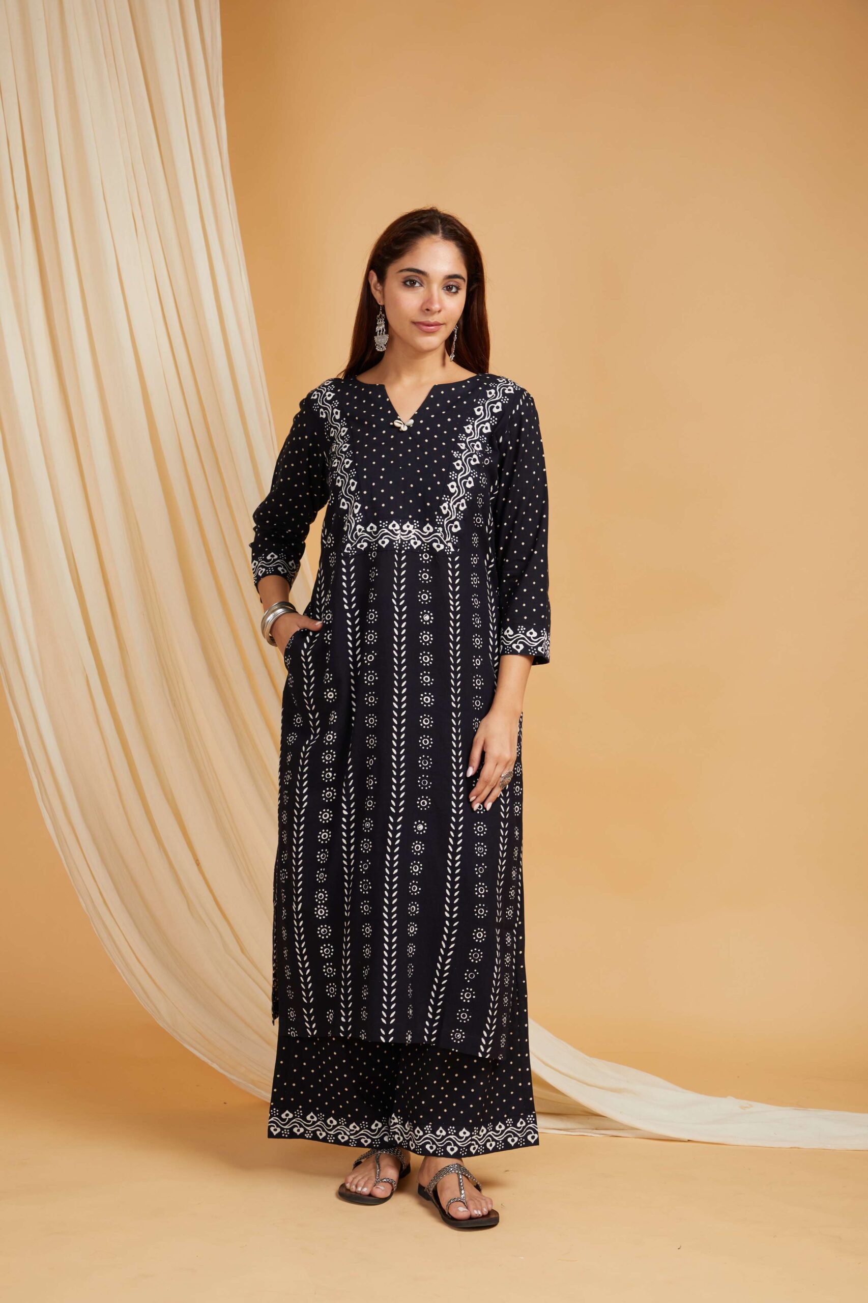 Hand Block Printed Cotton Straight Kurta with Side pockets and Palazzo Set of 2