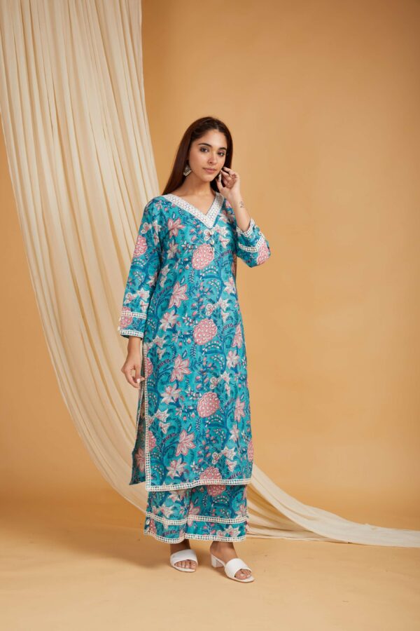 Blue Hand Block Printed Cotton Straight Kurta with Palazzo- with crochet lace detail Set of 2