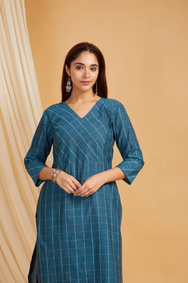 Teal Cotton Straight Kurta with Navy Palazzo Set of 2 - Image 4