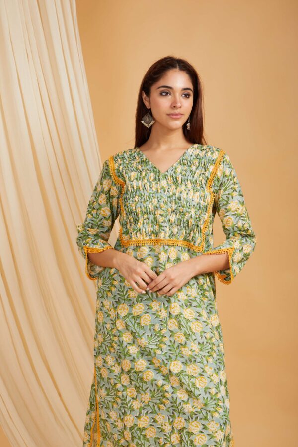 Green Hand Block Printed Cotton Short Kurta with Pants Set of 2 - Image 8