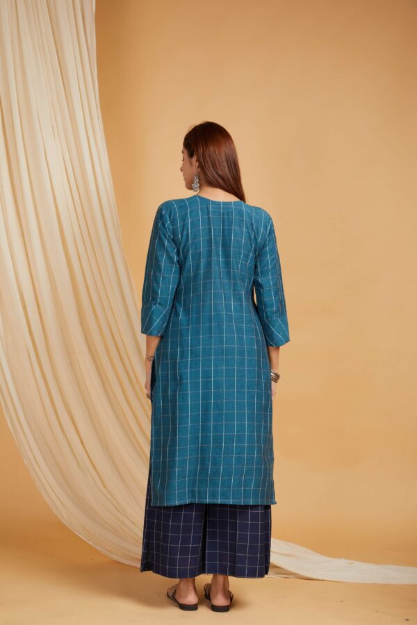 Teal Cotton Straight Kurta with Navy Palazzo Set of 2 - Image 5