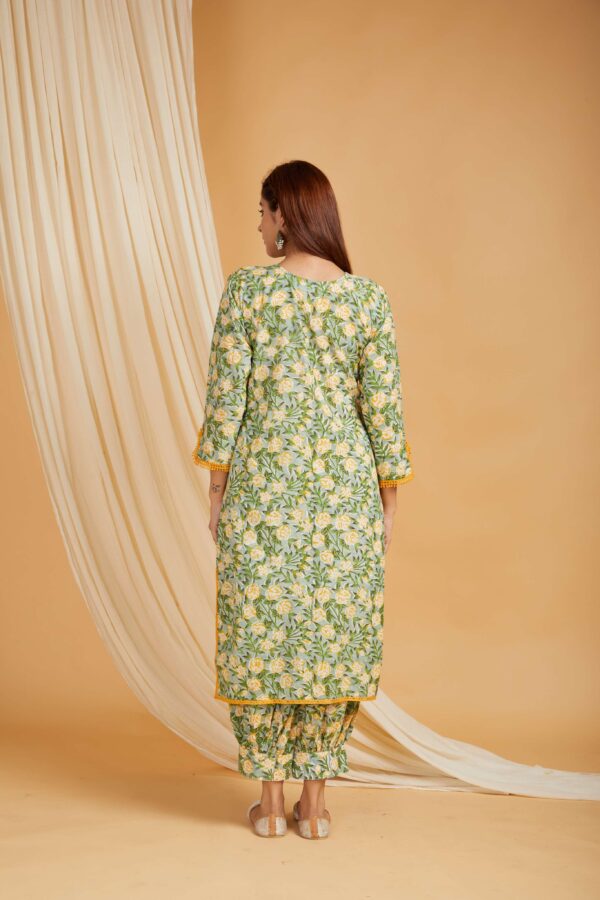 Green Hand Block Printed Cotton Short Kurta with Pants Set of 2 - Image 9