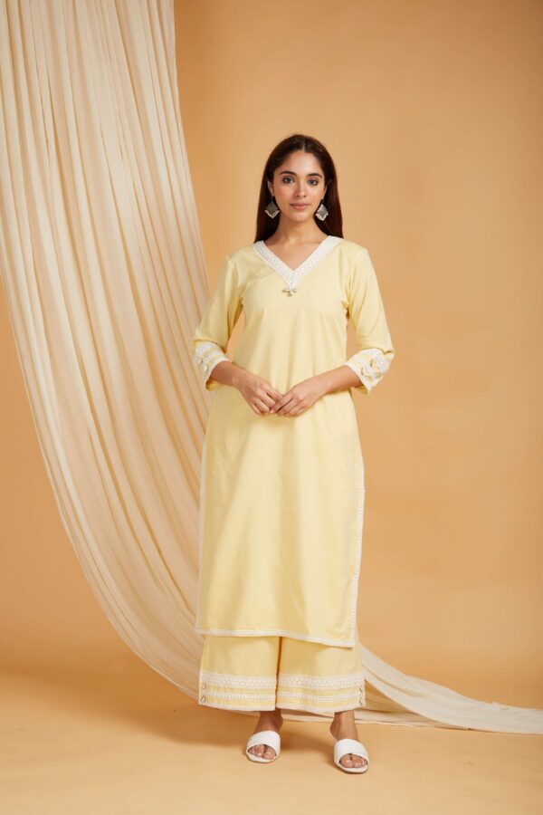Yellow Cotton Straight kurta with palazzo- with crochet lace detail Set of 2