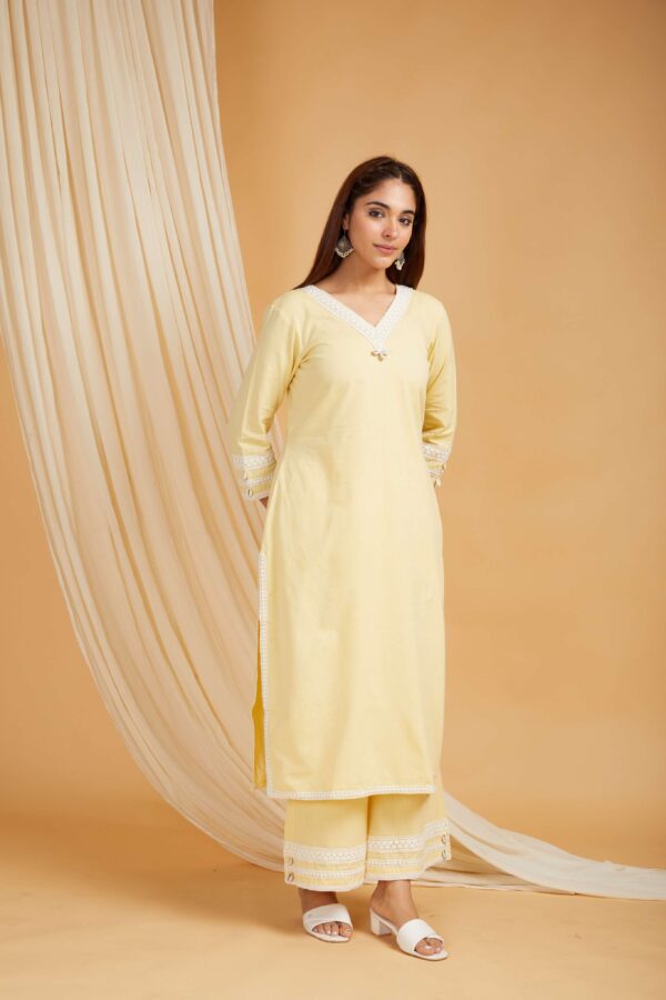 Yellow Cotton Straight kurta with palazzo- with crochet lace detail Set of 2 - Image 8