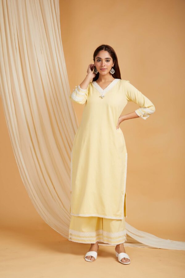 Yellow Cotton Straight kurta with palazzo- with crochet lace detail Set of 2 - Image 7